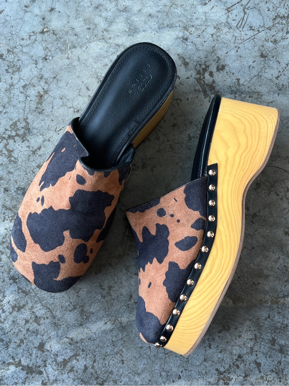ASOS Design Womens Size 9 Mules Platform Clogs Cow Print Studded Slip On Shoes
